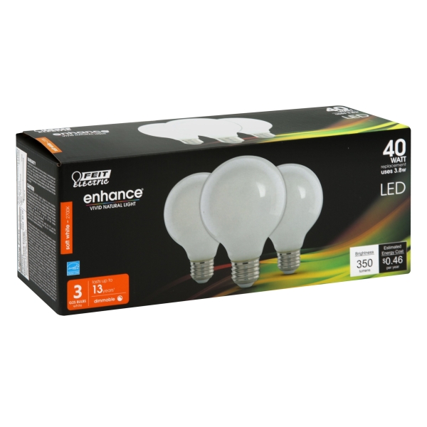 [3912086] Feit Enhance G25 E26 (Medium) Filament LED Bulb Soft White 40 Watt Equivalence 3 Pk