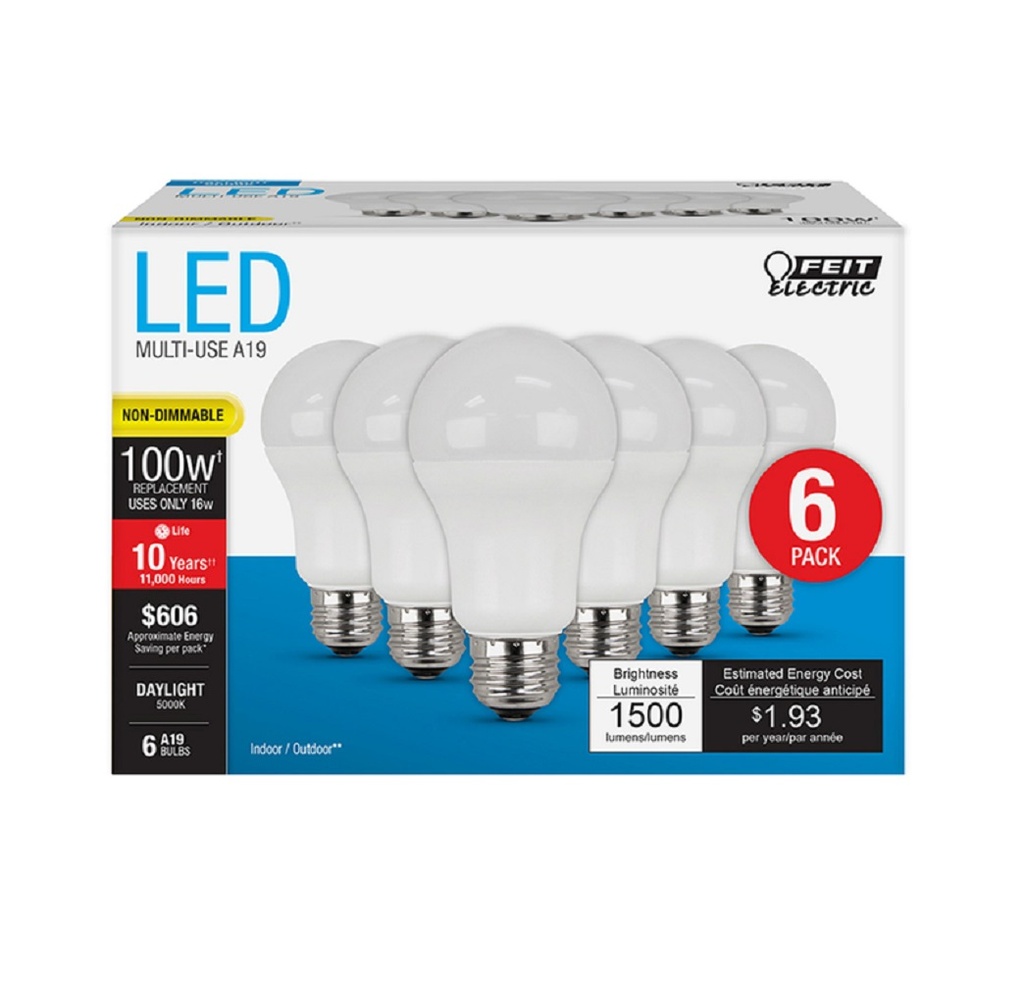 Feit A19 E26 (Medium) LED Bulb Daylight 100 Watt Equivalence 6 Pk