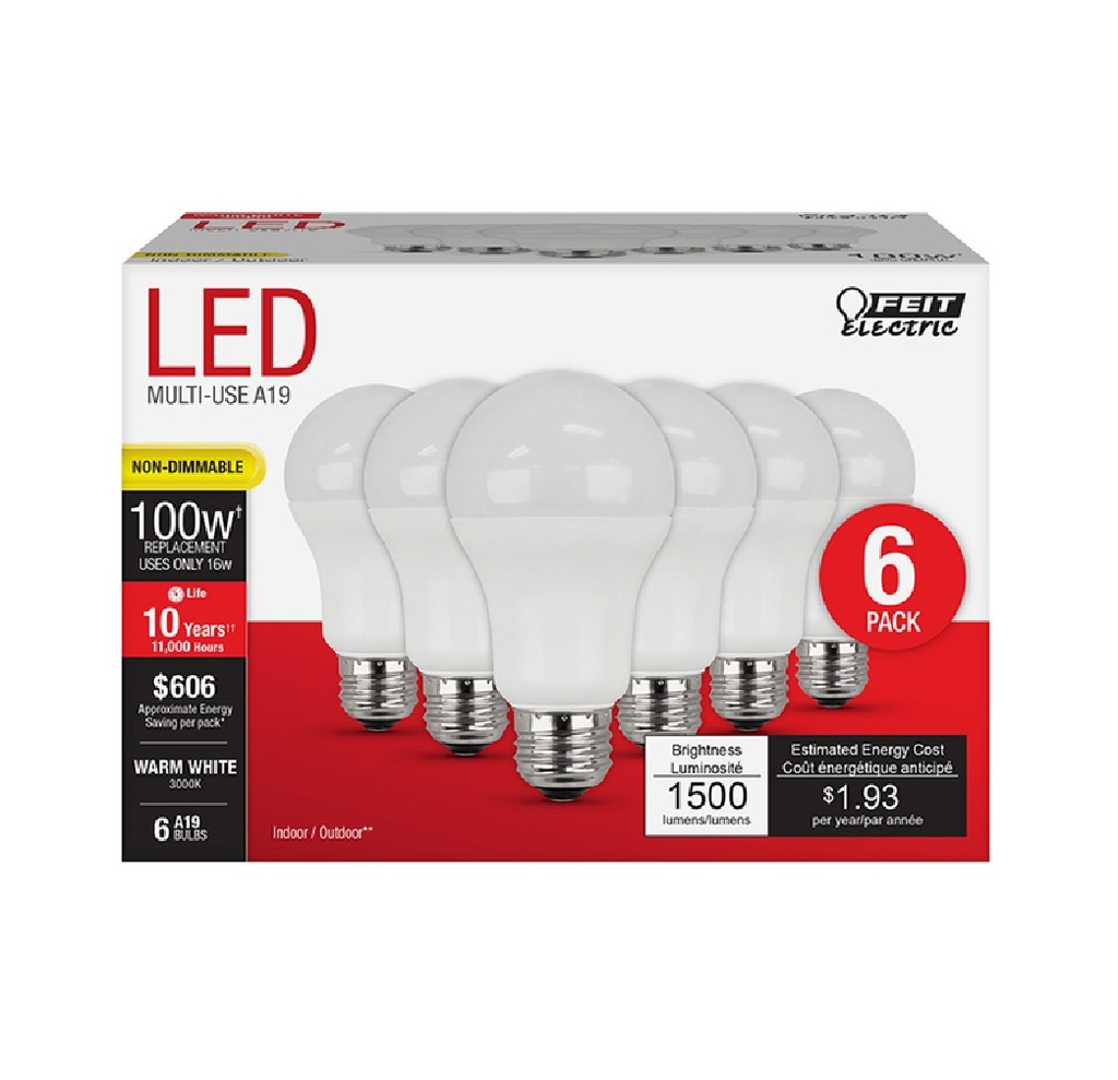 Feit A19 E26 (Medium) LED Bulb Bright White 100 Watt Equivalence 6 Pk