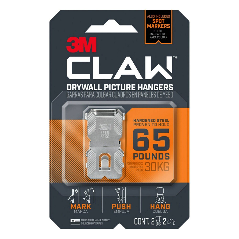 3M Claw Drywall Picture Hanger 65lb with Temporary Spot Marker + 2 Hangers and 2 Markers: Mirror & Picture Hanging Kit