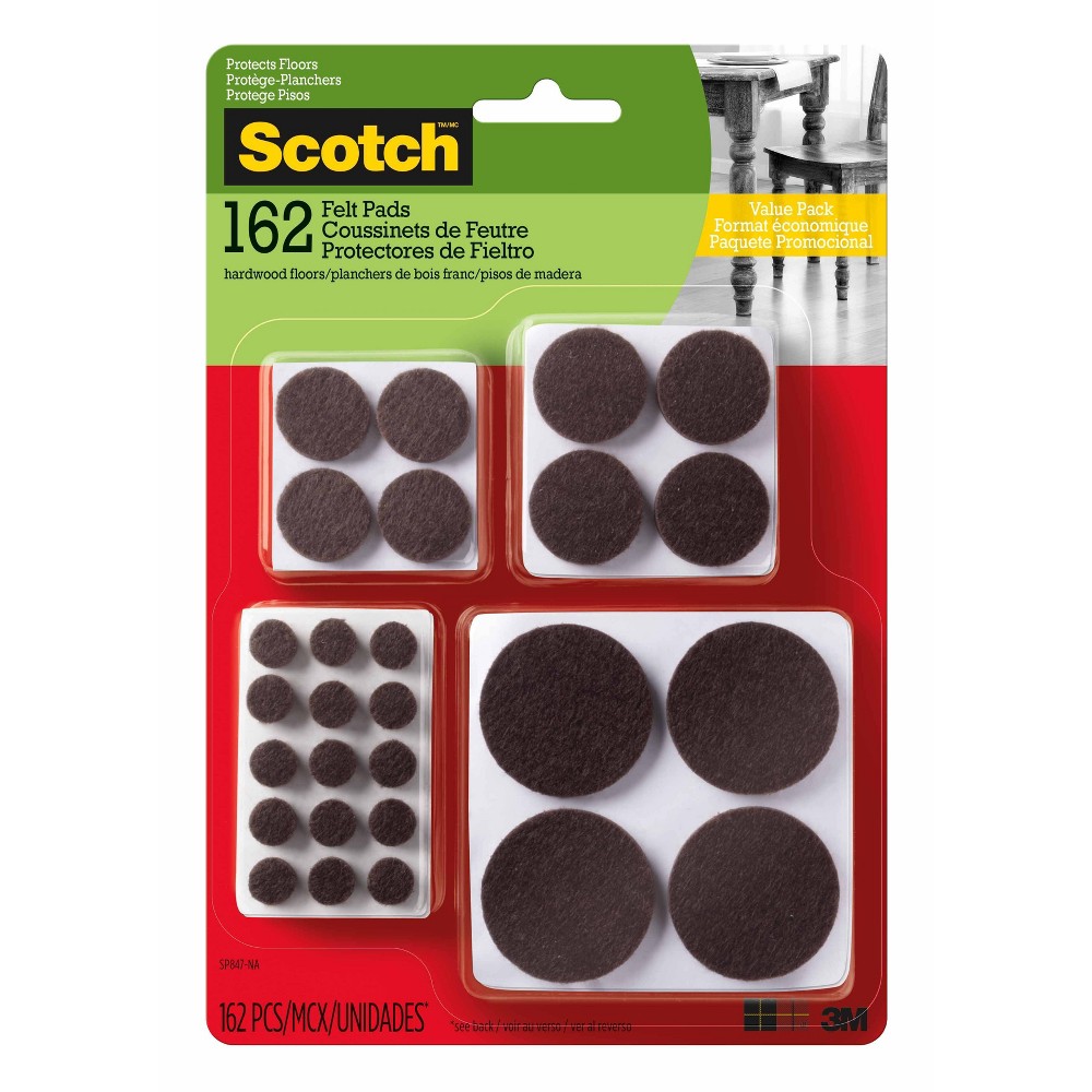Scotch 162pk Felt Pads Brown: Furniture Pads for Hardwood Floors, PET Material, 2" X 2", 0.2" Thick
