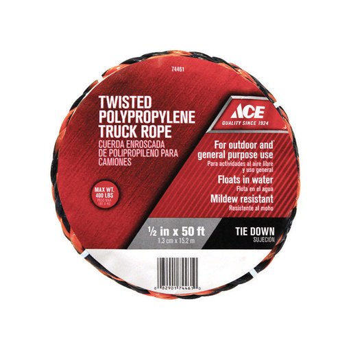 [74461] Ace 1/2 in. D X 50 Ft. L Black/Orange Twisted Poly Truck Rope