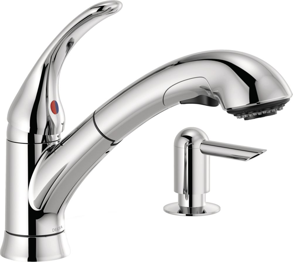 Delta Foundations Single Handle Pull-Out Kitchen Faucet with Soap Dispenser in Chrome