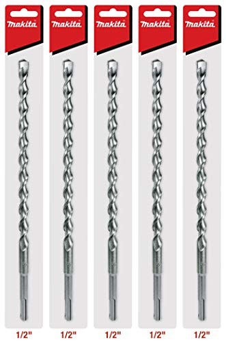 Makita 5 Pack - SDS-Plus 1/2" Drill Bits for Rotary Hammer Drills | 10" Length Tungsten Carbide Masonry Drill Bit Set | Concrete, Brick, Tile & Cinder