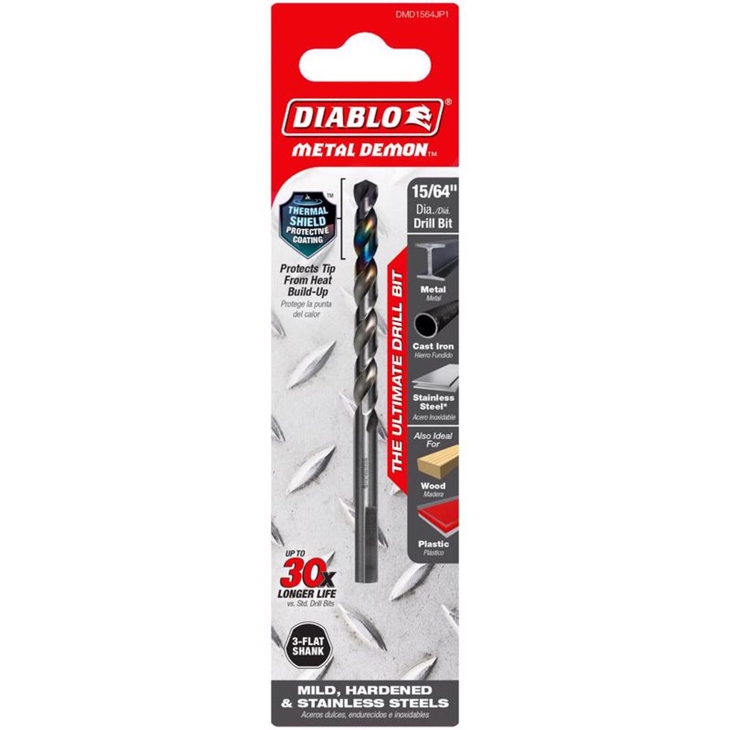 [DMD1564JP1] Diablo Metal Demon 15/64 in. X 3.7 in. L Stainless Steel Drill Bit 3-Flat Shank 1 Pc