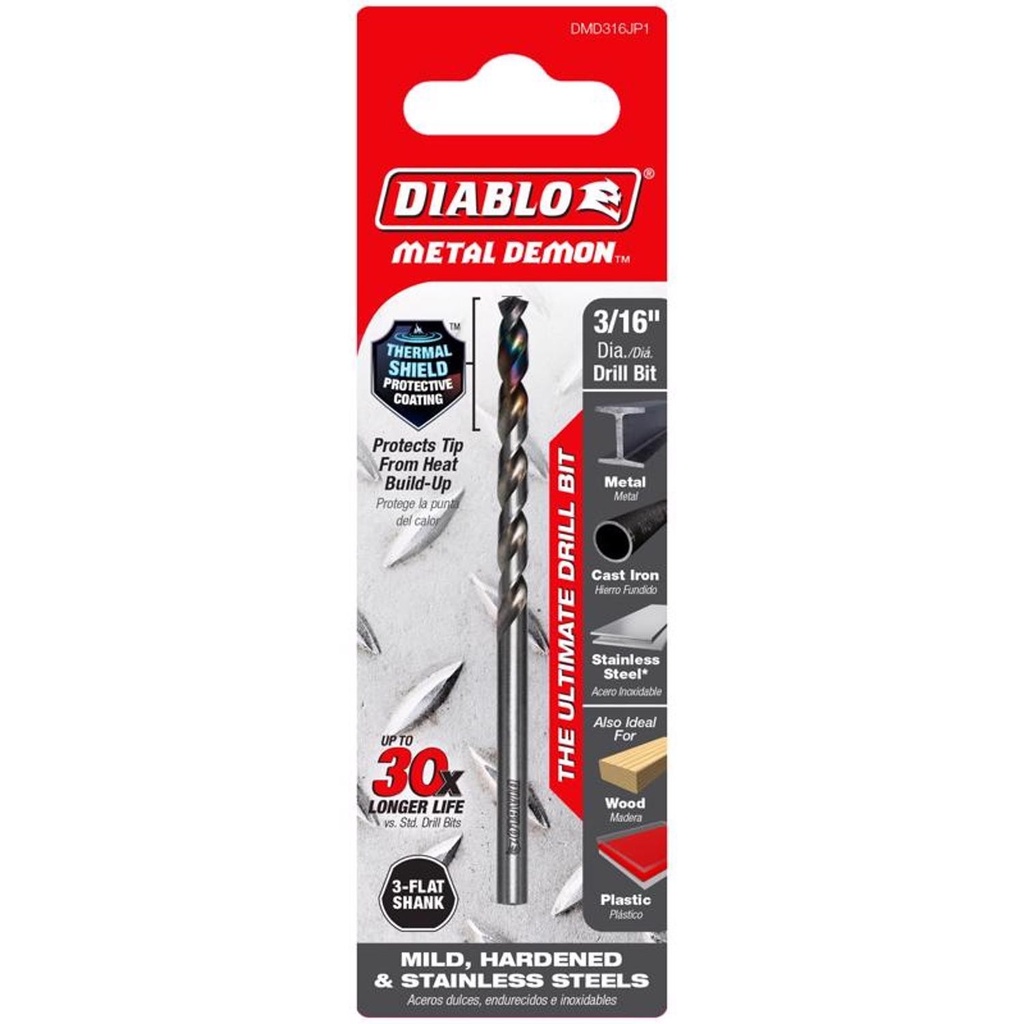 [DMD316JP1] Diablo Metal Demon 3/16 in. X 3.4 in. L Metal Drill Bit 3-Flat Shank 1 Pc