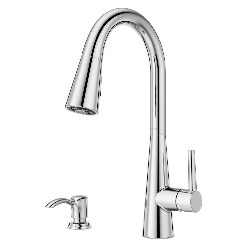 Pfister F-529-7RSSR Rosslyn 1.8 GPM Single Hole Pull Down Kitchen Faucet - Includes Soap Dispenser and Escutcheon Polished Chrome Faucet Kitchen