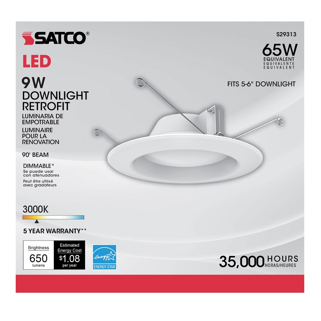 [S29313] Satco 5-6 Inch Recessed LED 9.8W 3000K Retrofit Downlight Kit - 65w Equiv