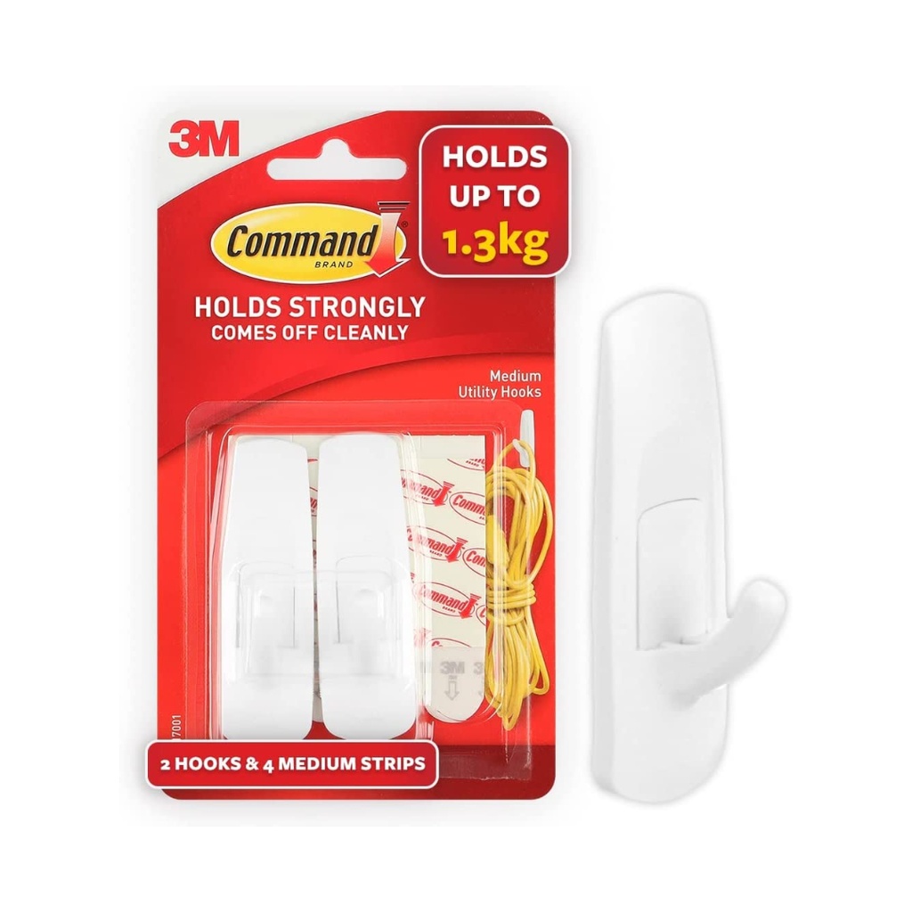 Command 17001 Removable Adhesive Utility Hooks, 3-lb Capacity, Plastic, White, Set of 2