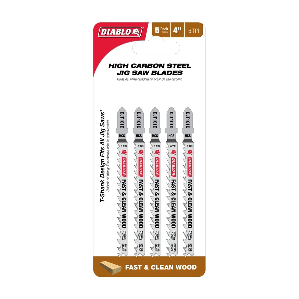 [DJT101D5] Diablo 4 in. High Carbon Steel T-Shank Fast and Clean Wood Jig Saw Blade 6 TPI 5 Pk