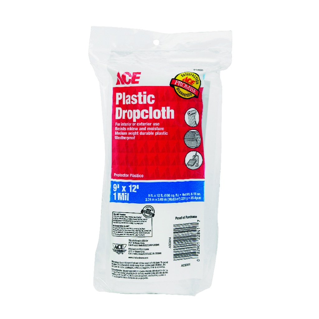 [11868] Ace Medium Weight Plastic Drop Cloth 9 Ft. W X 12 Ft. L X 1 Mil