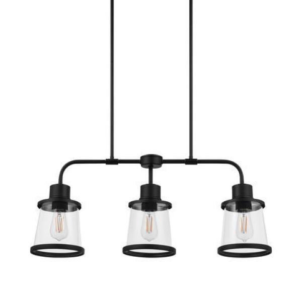 Rigby 3-Light Matte Black Linear Dining Room Chandelier, Farmhouse Kitchen Island Pendant Light
