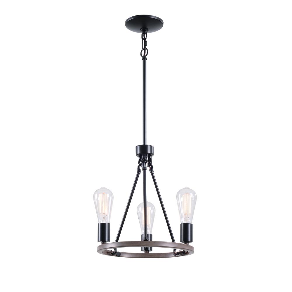 Stratton 3-Light Black and Woodgrain Wagon Wheel, Industrial Farmhouse Dining Room Chandelier with Bulbs Included