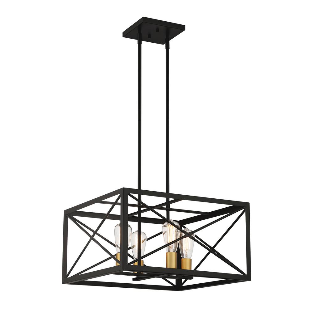Harwood 60-Watt 4-Light Matte Black and Old Satin Brass Pendant with Cage Shade