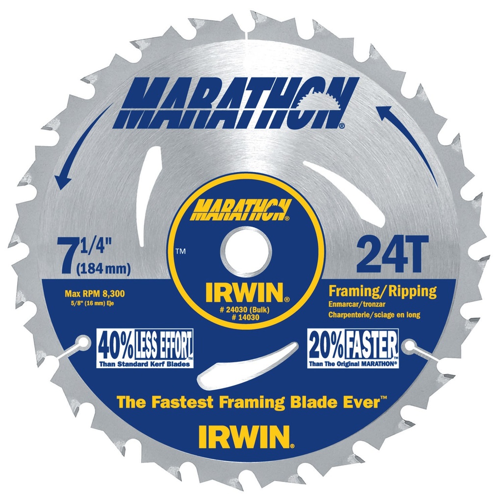 Irwin Marathon 7-1/4 in. Dia. X 5/8 in. Carbide Circular Saw Blade 24 Teeth 1 Pack