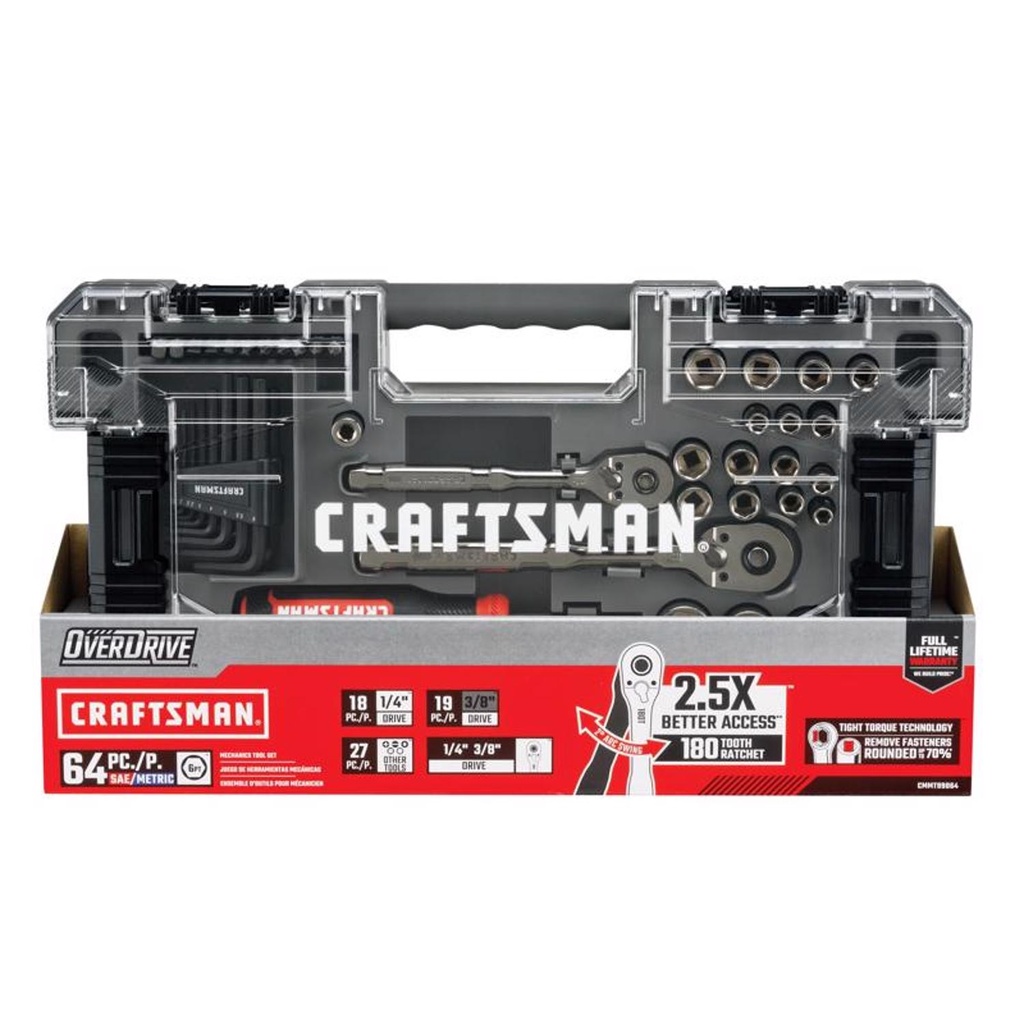 Craftsman OVERDRIVE 1/4 and 3/8 in. Drive Metric/SAE 6 Point Mechanic's Tool Set 64 Pc
