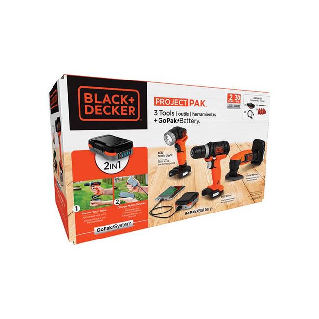 Black+Decker GoPak 12 V Cordless Brushed 3 Tool Drill, LED Light and Sander Kit