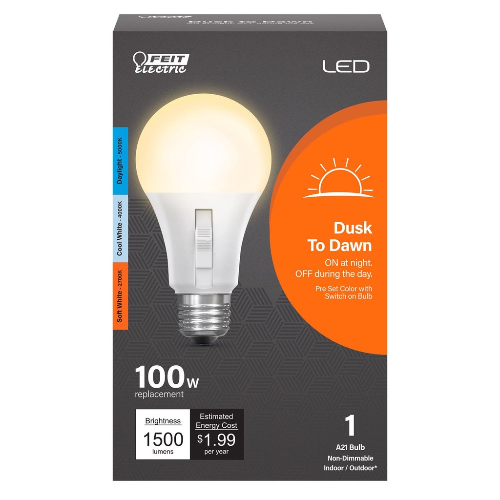 Feit A19 E26 (Medium) LED Dusk to Dawn Bulb Adjustable White 100 Watt Equivalence 1 Pk