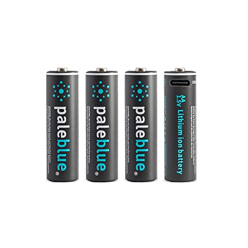 USB Rechargeable AA Batteries by Pale Blue, Lithium Ion 1.5v 1700 MAh, Charges Under 1 Hours, Over 1000 Cycles, 4-in-1 USB-a to USB-C Charging Cable,