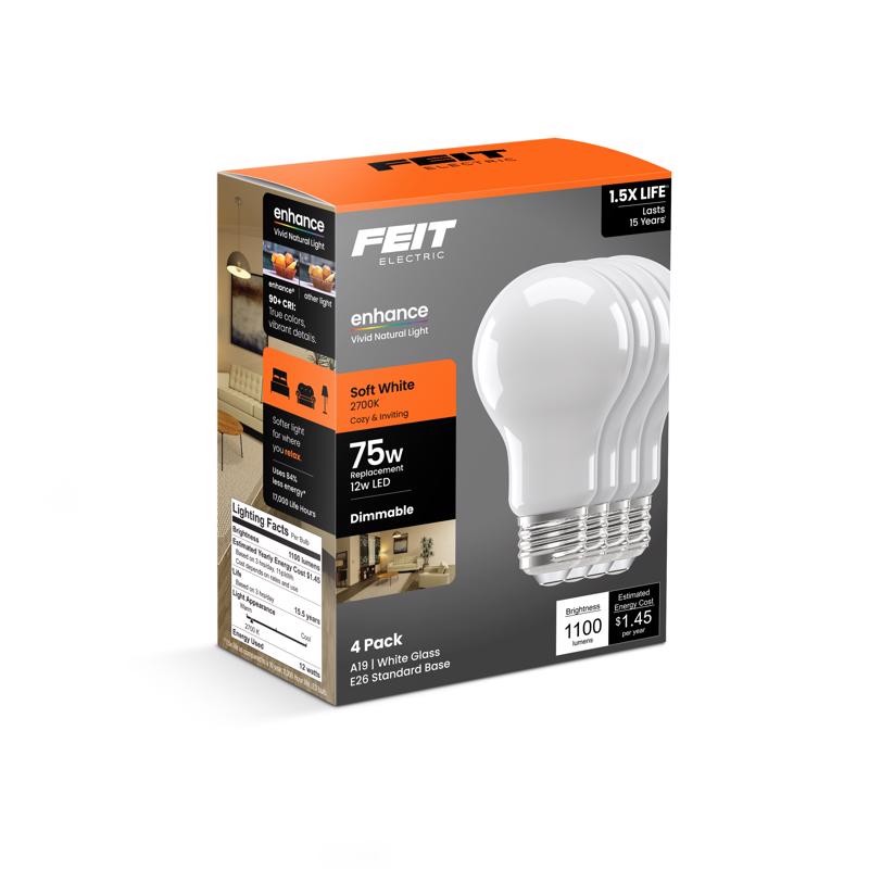 [3018651] Feit A19 E26 (Medium) LED Bulb Soft White 75 Watt Equivalence 4 Pk