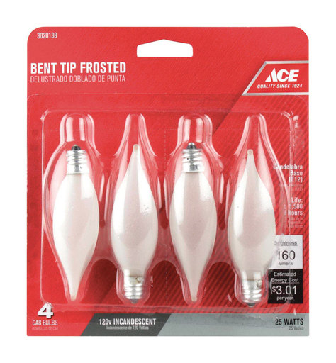 25 Watts CA8 Bent Tip Incandescent Light Bulb Candelabra Base (E12) White (Frosted) (4 per Pack)