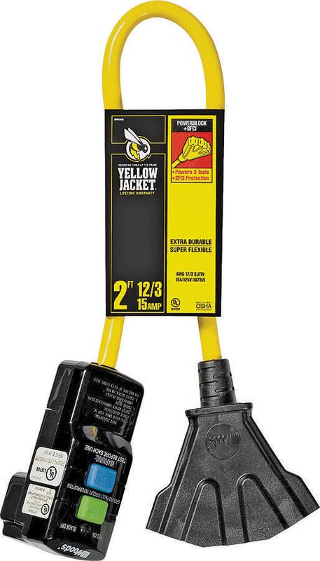 Yellow Jacket 2848 12/3 2' Yellow Sjtw Right Angle Gfci with 3-Outlet Power Block