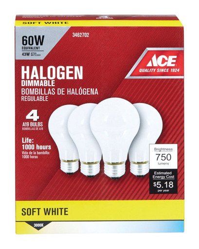 43 Watts A19 a-Line Halogen Bulb 750 Lumens Soft White (4 per Pack)