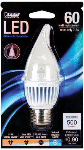 Feit EFCDM5005KLED 60W Equivalent Daylight Medium Base (E26) Flame Tip Chandelier LED Light