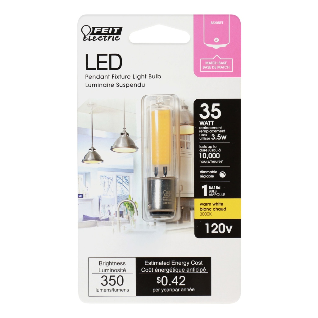 Feit T4 BA15d Bayonet LED Bulb Warm White 35 Watt Equivalence 1 Pk
