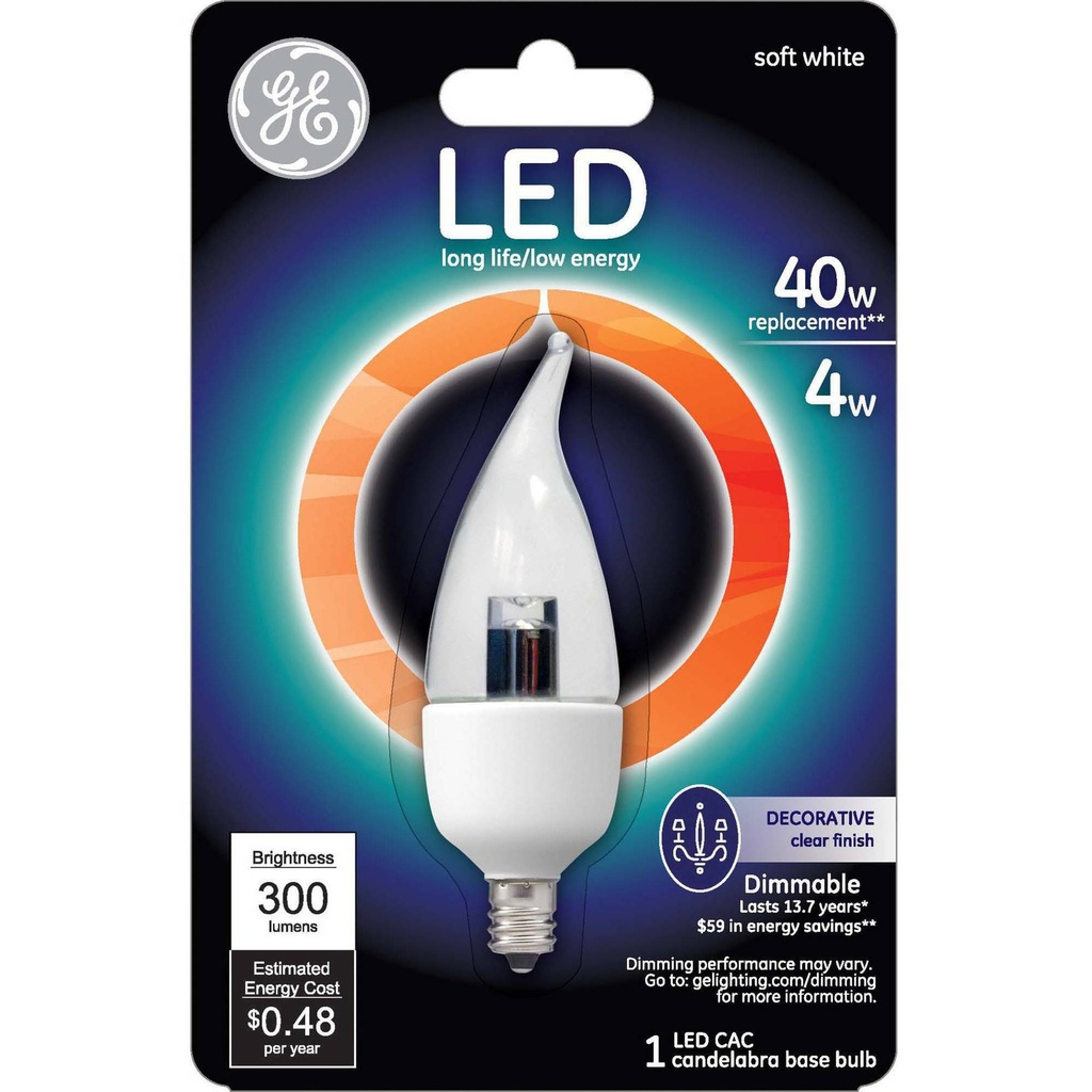 GE - LED Light Bulb - Shape: Candle - Clear Finish - E12 - 4 W (equivalent 40 W) - 2700 K