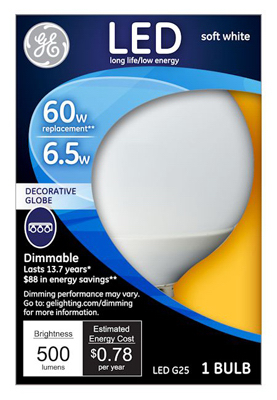 GE G25 E26 (Medium) LED Bulb Soft White 60 Watt Equivalence 1 Pk