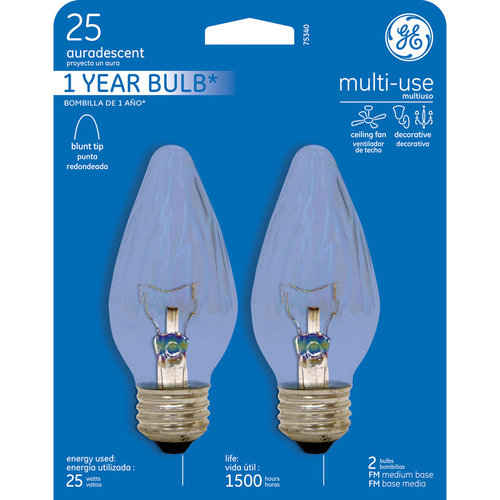 Ceiling Fan Bulb, 25 W, F15 Lamp, E26 Medium Lamp Base, 170 Lumens, Auradescent Light, 2PK