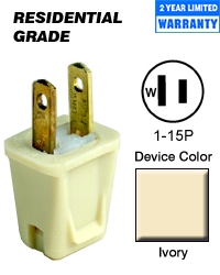 Straight Blade Plug, 1-15P, 10 a, 125V AC, 2 Pole, Screw Terminals, Non-Grounded