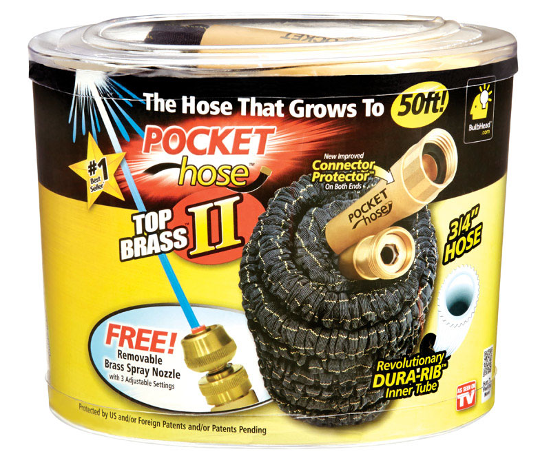 As Seen on TV Pocket Hose Top Brass Bullet II Retractable Kink Free Garden Hose, 50ft