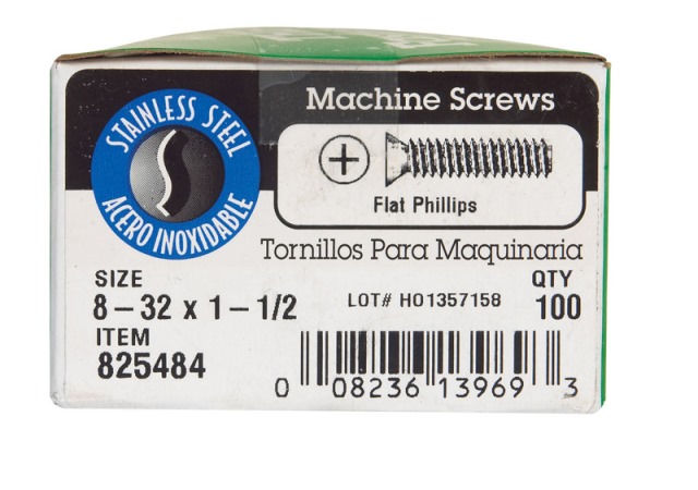[825484] HILLMAN No. 8-32 Ga. X 1-1/2 in. L Phillips Flat Head Stainless Steel Machine Screws 100 Pk
