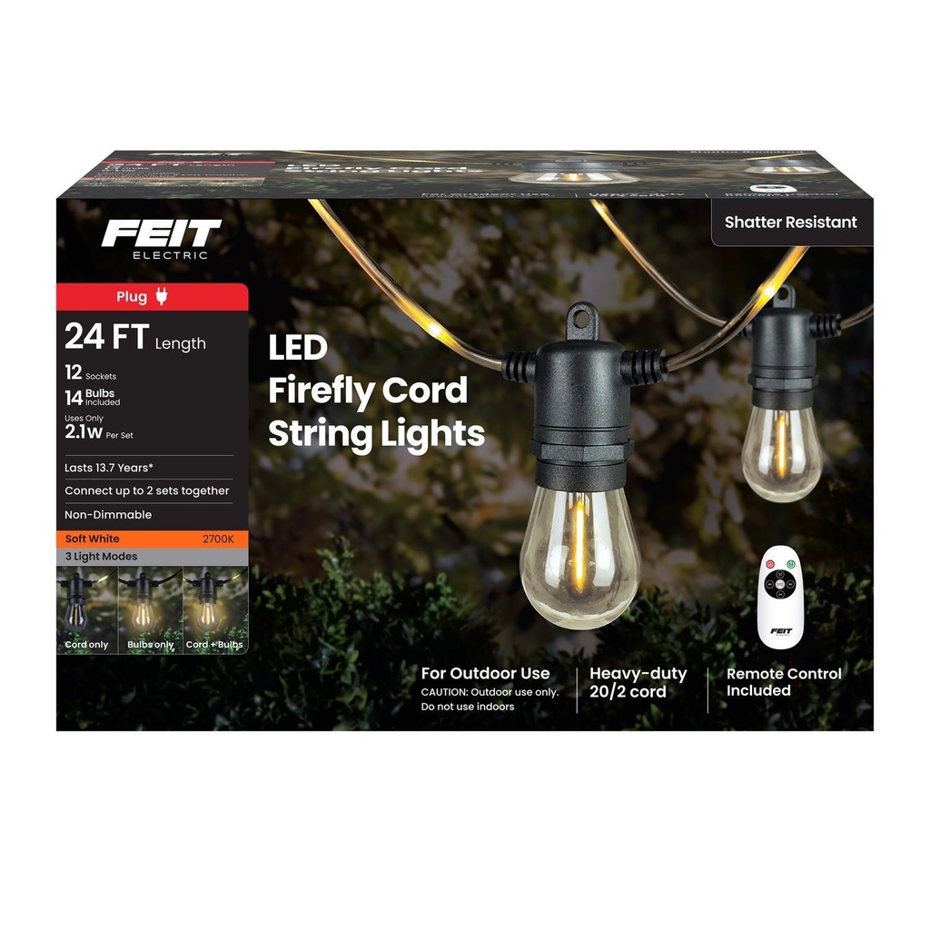 [9102504] Feit LED Firefly Rope String Light Set Clear 24 Ft. 12 Lights