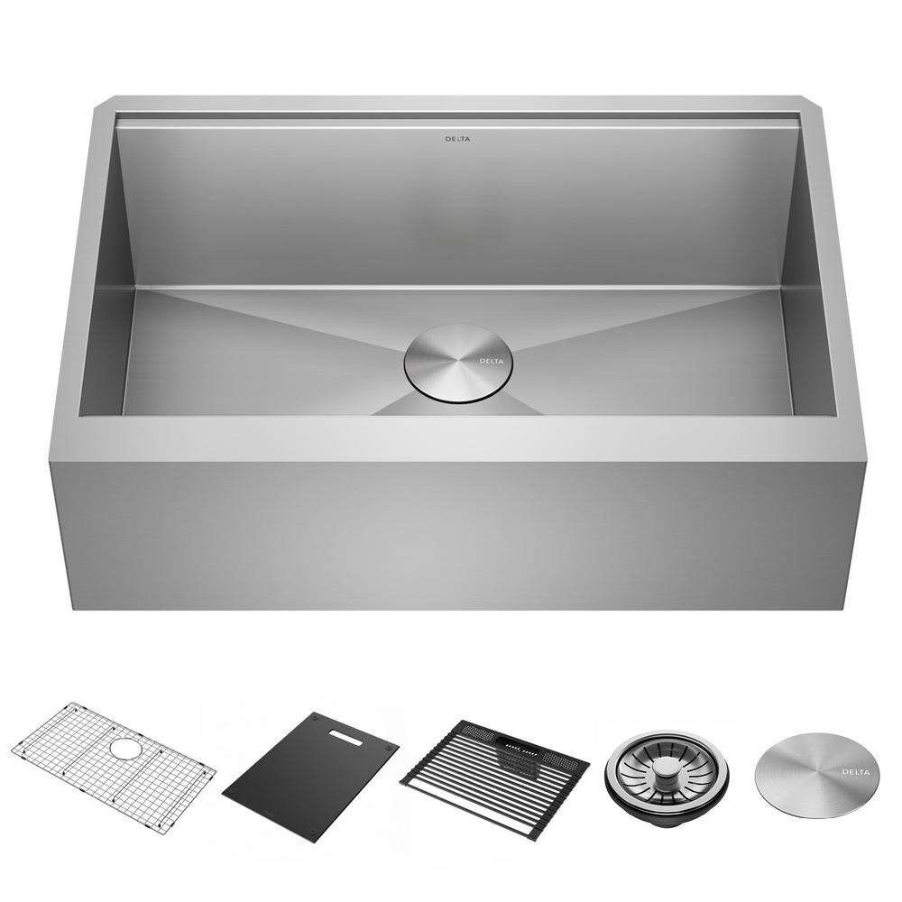Delta 95C9031-33S Rivet 33” Workstation Farmhouse Apron Front Kitchen Sink Undermount   Stainless Steel Single Bowl with WorkFlow Ledge and