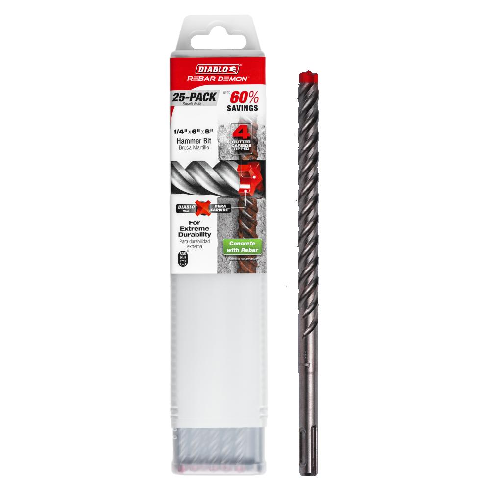 Diablo Rebar Demon 1/2 in. X 8 in. L Carbide Tipped 4-Cutter Hammer Drill Bit SDS-Plus Shank 25 Pk