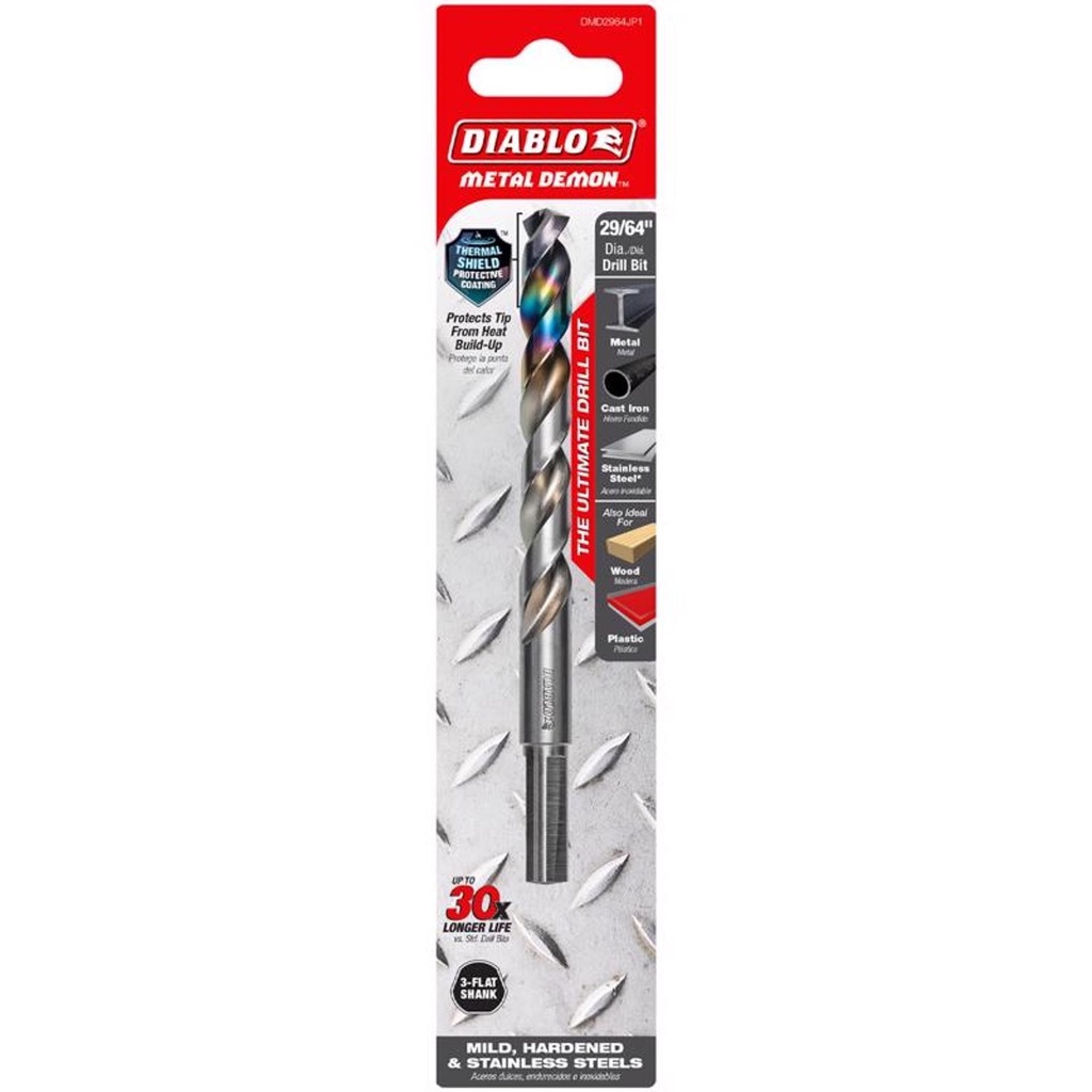[DMD2964JP1] Diablo Metal Demon 29/64 in. X 5.6 in. L Stainless Steel Drill Bit 3-Flat Shank 1 Pc