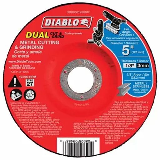 [DBD050125X01F] Diablo 5 in. D X 7/8 in. Aluminum Oxide Metal Dual Cut and Grind Disc 1 Pc