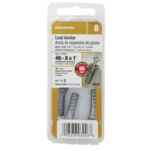 [5075] Hillman 0.164 in. Dia. X 1 in. L Lead Round Head Concrete Screw Anchor 3 Pack