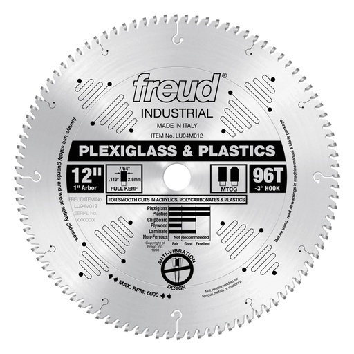 [LU94M012] Freud 12in Blade for Plexiglass/Plastics - LU94M012