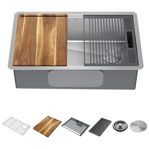 [95B932-30S-SS] Delta 95B932-30S Lorelai 30” Workstation Kitchen Sink Undermount   Stainless Steel Single Bowl with WorkFlow Ledge and Accessories Stainless