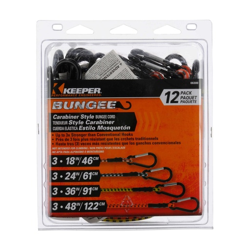 [8865552] Keeper Assorted Carabiner Style Bungee Cord 18 in. L X 0.315 in. 12 Pk