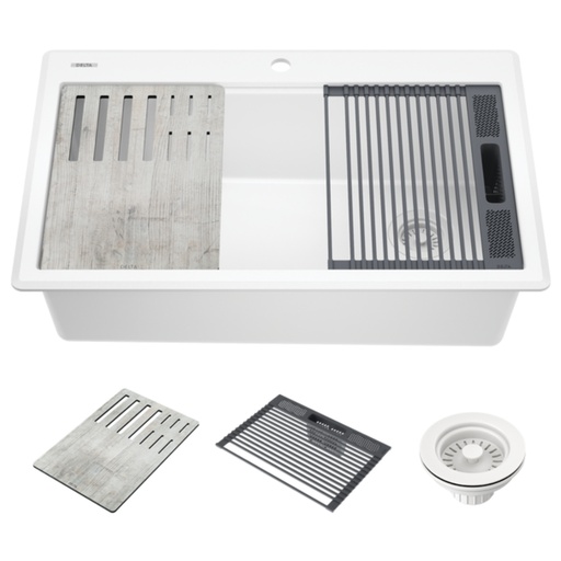 [75A933-33S-WH] Delta 75A933-33S Everest 33” Workstation Kitchen Sink Top Mount Drop-in Granite Composite Single Bowl with WorkFlow Ledge and Accessories White Sink
