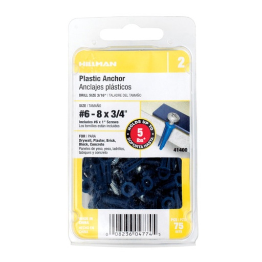 [41400] HILLMAN 0.4 in. D X 0.75 in. L Plastic Pan Head Conical Anchor 75 Pc - Deal of the Week