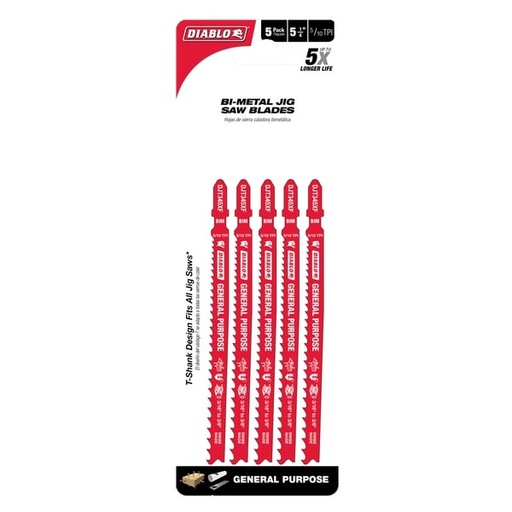 [DJT345XF5] Diablo 5-1/4 in. Bi-Metal T-Shank General Purpose Jig Saw Blade 5/10 TPI 5 Pk