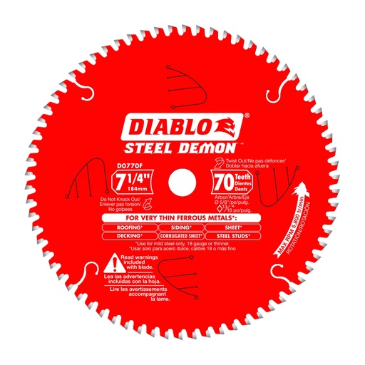 [D0770F] Diablo Steel Demon 7-1/4 in. D X 5/8 in. TiCo Hi-Density Carbide Circular Saw Blade 70 Teeth 1 Pk