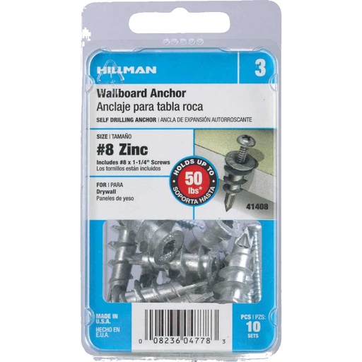 [41408] Hillman .164 in. Dia. X 1-1/4 in. L Zinc Pan Head Wallboard Anchors 10 Pack