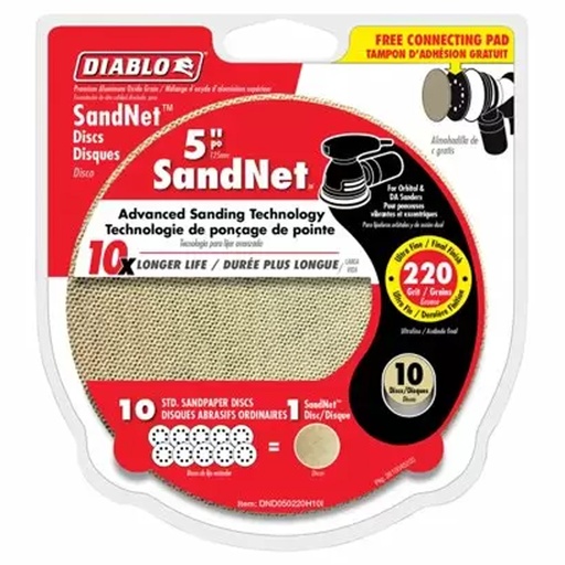 [DND050220H10] Diablo SandNet 5 in. Aluminum Oxide Hook and Lock Sanding Disc 220 Grit Ultra Fine 10 Pk